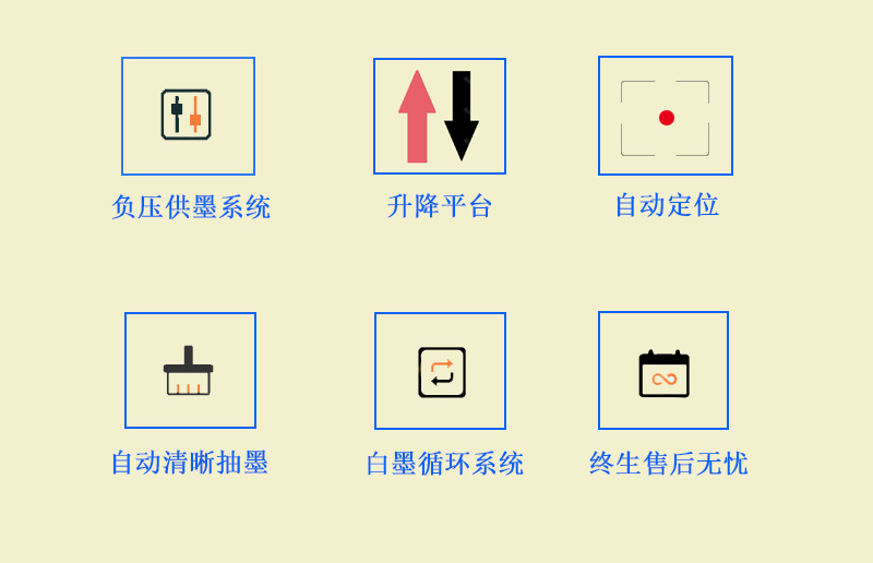 9060uv萬能打印機采用的是負壓供墨系統(tǒng)，超強吸附平臺，噴頭加熱恒溫，自動清晰抽墨系統(tǒng)，白墨循環(huán)系統(tǒng)，以及終生售后無憂